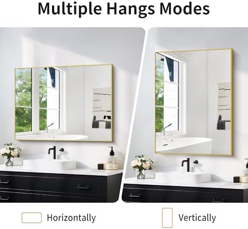 COFENY 30x40In Gold Bathroom Mirror for Wall, Brushed Gold Rectangle Mirrors with Metal Frame, Bathroom Rectangular Mirror Modern Wall Mirror for Bedroom Living Room, Hangs Horizontal or Vertical