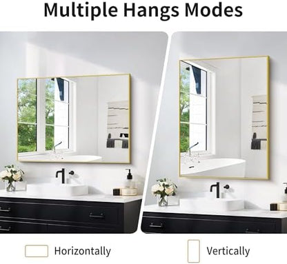 COFENY 30x40In Gold Bathroom Mirror for Wall, Brushed Gold Rectangle Mirrors with Metal Frame, Bathroom Rectangular Mirror Modern Wall Mirror for Bedroom Living Room, Hangs Horizontal or Vertical