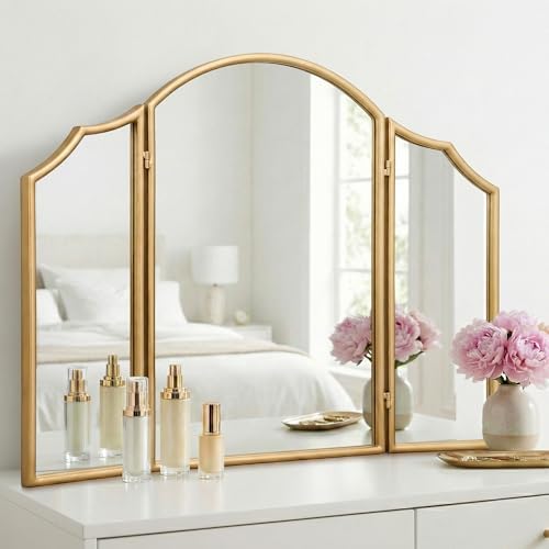 Besdomus Gold Scalloped Vanity Mirror: 36"x24" Three Sided Dresser Miror