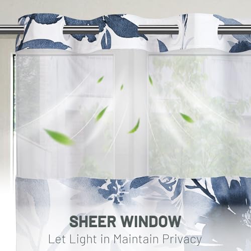 WITHLOC No Hook Floral Shower Curtain with Liner, Aqua Blue, 71x86