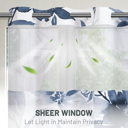 WITHLOC No Hook Floral Shower Curtain with Liner, Aqua Blue, 71x86