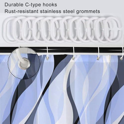 Sky Blue Striped Shower Curtain with Hooks for Bathroom 72x96 Inch