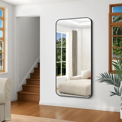 Black Bathroom Mirror, 66x30 inch Aluminum Metal Frame Rectangular Vanity Mirror, Large Wall Mounted Rectangle Mirrors with Rounded Corner for Over Sink Bedroom Living Room Horizontal/Vertical