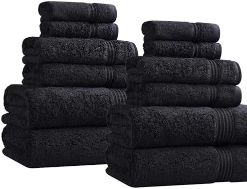 Superior Egyptian Cotton 12-Piece Towel Set, Assorted Towels for Home Bathroom, Guest Bath Decor Essentials, Includes 4 Bath, 4 Hand, 4 Face Towels/Washcloths, Quick Dry, Absorbent - Black