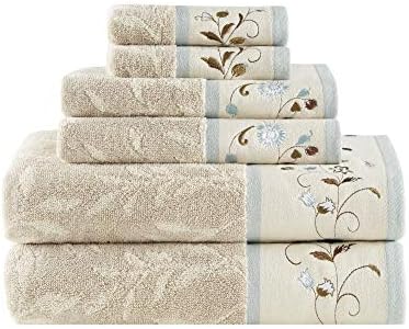 Madison Park Serene 100% Cotton Bath Towel Set Luxurious Floral Decorative Towels for Bathroom Embroidered Cotton Jacquard Design Soft Highly Absorbent for Shower 600 GSM, Multi-Sizes, Blue 6 Piece