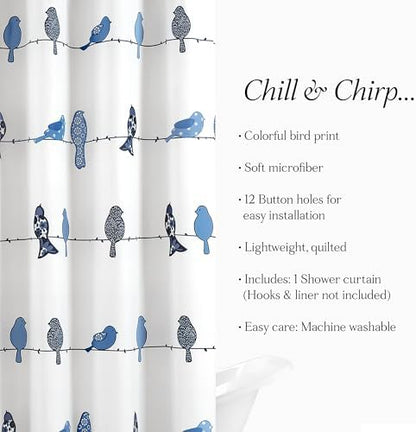 Lush Decor Rowley Birds Shower Curtain, 72” W x 72” L, Navy - Colorful Floral Bird Pattern - Whimsical & Playful Bird Shower Curtain - Farmhouse, Coastal, & Boho Bathroom Decor