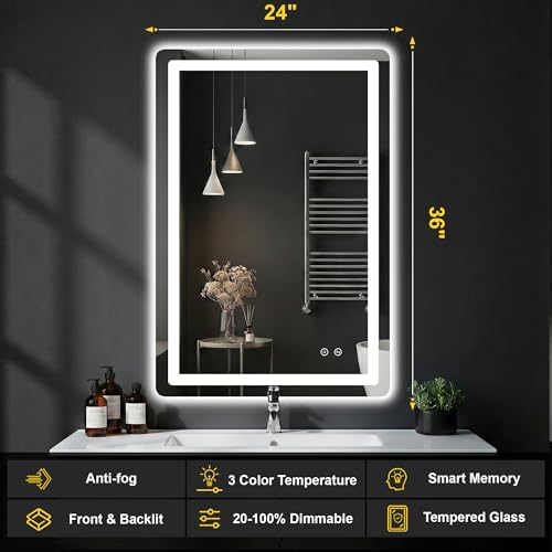 LED Bathroom Mirror with Lights, 24"x36" Lighted Vanity Mirror for Wall