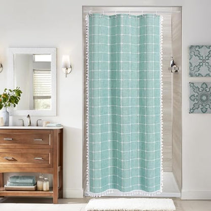 Boho Farmhouse Classic Plaid Linen Tassel Shower Curtain Teal Blue,36x72