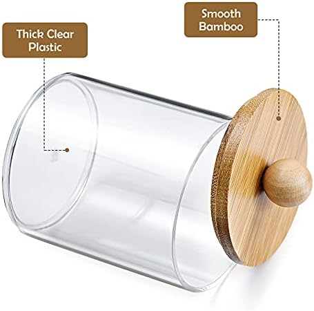 VITEVER 3 Pack Qtip Holder Dispenser with Bamboo Lids - 10 oz Clear Plastic Apothecary Jar Containers for Vanity Makeup Organizer Storage - Bathroom Accessories Set for Cotton Swab, Ball, Pads, Floss