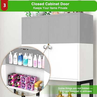 Over-The-Toilet Storage Rack, 4-Tier Bathroom Organizer Shelf Over Toilet with Barn Doors Cabinet and Basket, Freestanding Space Saver Bathroom Shelves with Paper Holder Above Toilet (Gray & White)