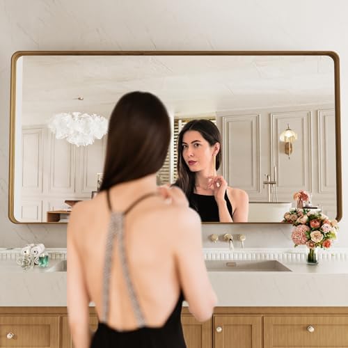 LOAAO 72X40 Inch Bathroom Mirror with Wood Grain Colored Metal Frame