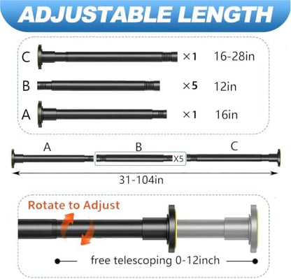 CorkLatta Black Shower Curtain Rod 31 to 104 Inch,1 Inch Diameter Adjustable Spring Tension Curtain Rod No Drilling Stainless Steel Telescoping Rod,No Rust