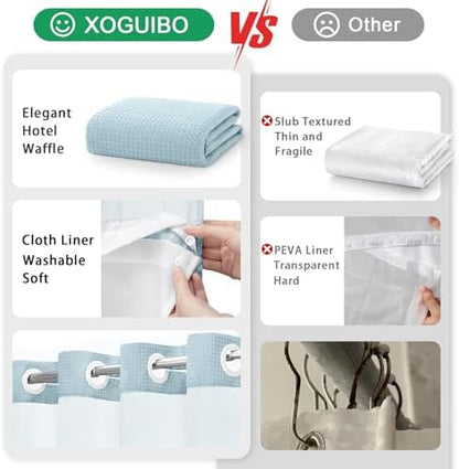 No Hook Shower Curtain with Liner Set Hotel Waffle Curtain Aqua 72W X 75L