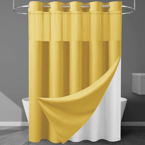 EUTXL Heavyweight Waffle No Hook Shower Curtain with Liner, 71x74, Yellow
