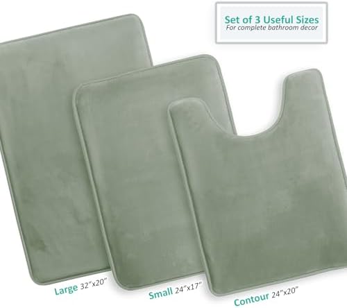 Clara Clark 3 Piece Bathroom Rugs, Velvet Memory Foam Bath Mat Set, Non-Slip Bath Rugs, Machine Wash, Dries Quickly, Ultra Soft Plush Bath Mats for Bathroom, 17 x 24/20 x 32 / Contour, Ice Green