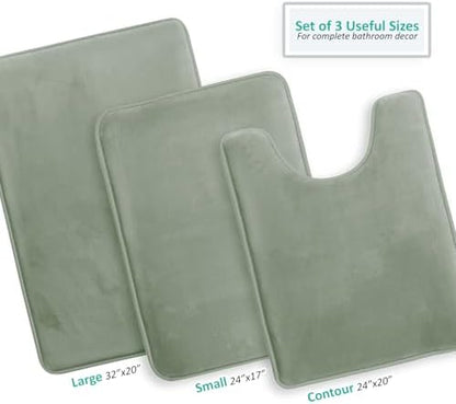 Clara Clark 3 Piece Bathroom Rugs, Velvet Memory Foam Bath Mat Set, Non-Slip Bath Rugs, Machine Wash, Dries Quickly, Ultra Soft Plush Bath Mats for Bathroom, 17 x 24/20 x 32 / Contour, Ice Green