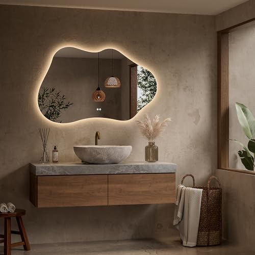 Keonjinn 48 x 30 Inch Irregular Backlit Bathroom Mirror, HD Tempered Glass