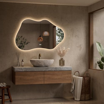 Keonjinn 48 x 30 Inch Irregular Backlit Bathroom Mirror, HD Tempered Glass