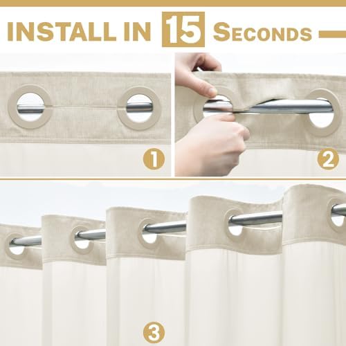 WONICY No Hook Small Shower Curtain with Snap-in Liner, Cream, 36 x 74