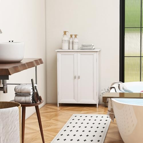 Bathroom Cabinet with Adjustable Shelf Freestanding Storage Cabinet with 2 Doors Wooden Organizer Floor for Bathroom Kitchen and Living Room (White, 2 Doors)
