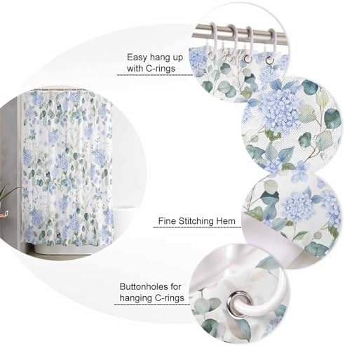 Shower Curtain Bathroom Set Summer Watercolor Blue Hydrangea Waterproof Fabric Shower Curtains with Grommets&Hooks Pastoral Eucalyptus Leaf Privacy Bath Curtain for Bathtub Decor 48x72IN