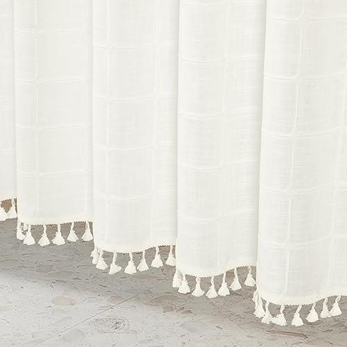 Boho Farmhouse Classic Plaid Linen Tassel Shower Curtain Ivory,72x72