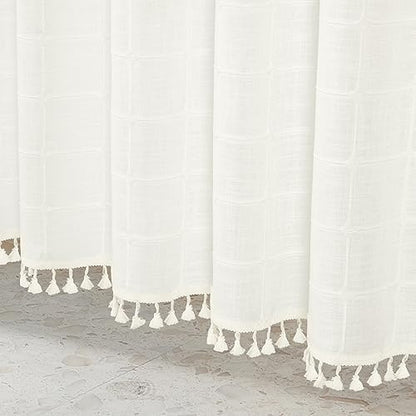 Boho Farmhouse Classic Plaid Linen Tassel Shower Curtain Ivory,72x72