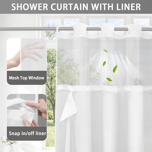 No Hook Shower Curtain with Liner Set Hotel Waffle Curtain White 72W X 75L