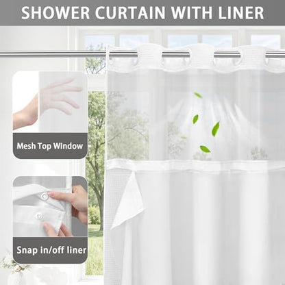 No Hook Shower Curtain with Liner Set Hotel Waffle Curtain White 72W X 75L