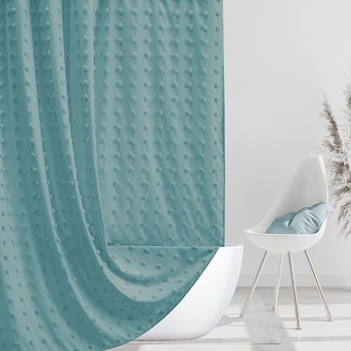 Siiluminisoy Extra Long Boho Shower Curtain Woven Fabric 84 Inch Teal Shower Curtain, 72 x 84 Tufted Pleat Floral Puffs Textured Modern Minimalist Shower Curtain Set with Hooks for Bathroom