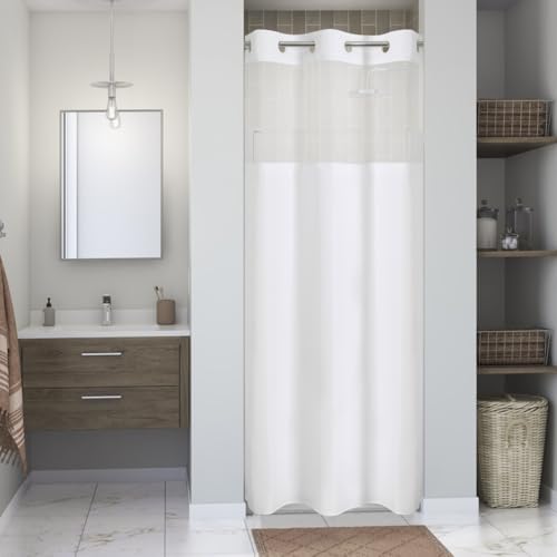 eachope No Hook Linen Texture Shower Curtain with Snap-in Liner,48x74 White