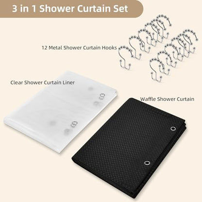3 in 1 Shower Curtain Set, Waffle Shower Curtain and Liner Set with 12 Double Sided Shower Curtain Hooks, 72 x 84 Fabric Shower Curtains for Bathroom, Black