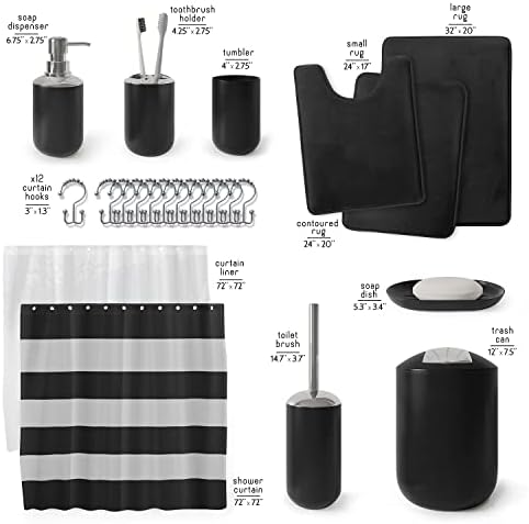 Clara Clark Bathroom Set - Black Bathroom Accessories Set, Bathroom Sets with Shower Curtain and Rugs, 23PC Shower Curtain Set with Liner, Soap Dispenser, Toilet Brush, & Trash Can