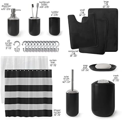 Clara Clark Bathroom Set - Black Bathroom Accessories Set, Bathroom Sets with Shower Curtain and Rugs, 23PC Shower Curtain Set with Liner, Soap Dispenser, Toilet Brush, & Trash Can