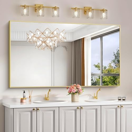 COFENY 30x55In Gold Bathroom Mirror for Wall, Brushed Gold Rectangle Mirrors with Metal Frame, Bathroom Rectangular Mirror Modern Wall Mirror for Bedroom Living Room, Hangs Horizontal or Vertical