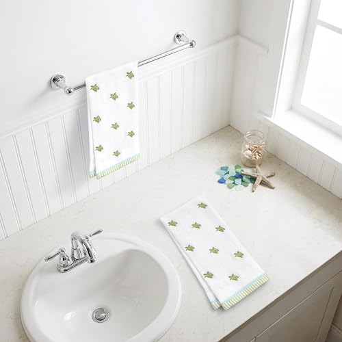 Ritz 2-Piece Cotton Velour Bathroom Hand Towel Set, Embroidered Sea Turtle Pattern, Soft Decorative Towels for Beach House, Coastal, or Spa Decor, 16” x 26”