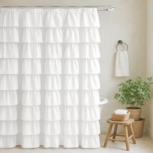 White Ruffle Shower Curtain Farmhouse Style Shower Curtain, 72" x 72"