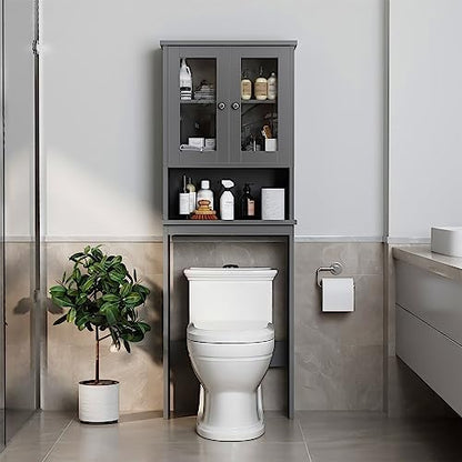 Over the Toilet Storage Cabinet, Bathroom Storage Cabinet Over Toilet, Space Saver with 2 Tempered Glass Doors, Grey