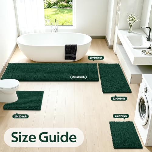 Upgrade Luxury 2 Piece Deep Green Toilet Bathroom Rug Mat U Shape 24"x20"+48"x20", Ultra Soft Thick Absorbent Bath Mats, Non Slip Chenille Toilet Mat for Bathroom, Bedroom, Kitchen, Shower, Tub