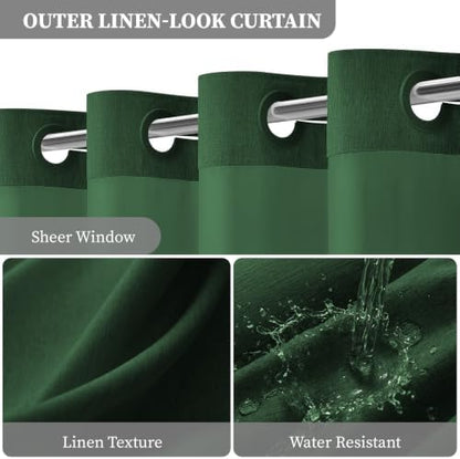 BTTN Emerald Green Ringless Linen Look Shower Curtain with Snap Liner 72x75