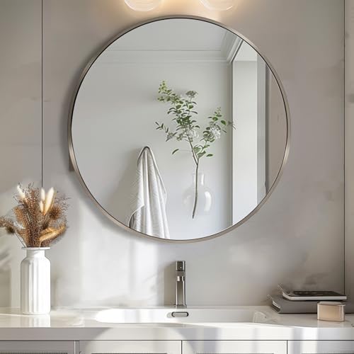 Sunniry 18 inch Round Mirror, Round Wall Mirror, Brushed Silver Metal Frame