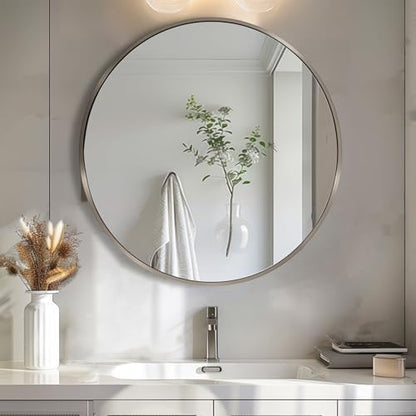 Sunniry 18 inch Round Mirror, Round Wall Mirror, Brushed Silver Metal Frame