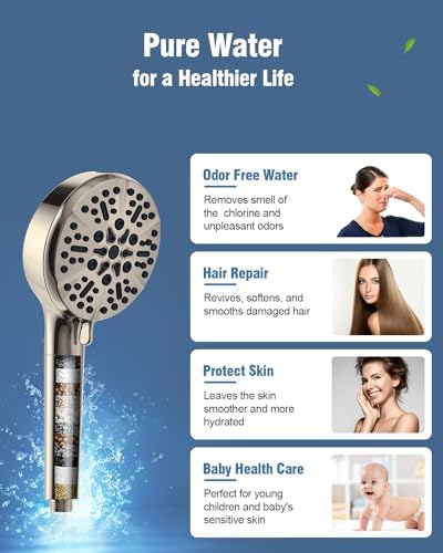 Filtered Shower Head with Handheld Brushed Nickel, BOWGER 6 Modes High Pressure Shower Heads with Power Wash Mode and Hard Water Filter, Detachable Hand Held Showerhead Set with Extra Long Hose