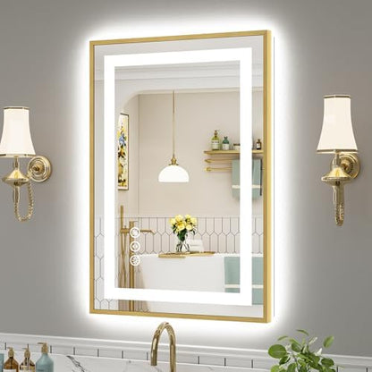 24x36 Inch LED Bathroom Mirror with Gold Frame, Backlit & Front Lit