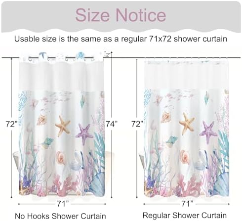No Hook Shower Curtain and Liner Set, Watercolor Purple Beach Coastal 71x74