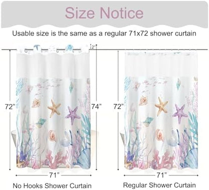 No Hook Shower Curtain and Liner Set, Watercolor Purple Beach Coastal 71x74