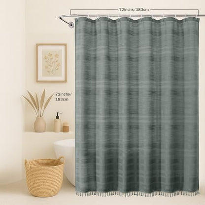 OVZME Light Grey Shower Curtain for Bathroom, Boho Linen Textured Shower Curtain with Tassel, Rustic Striped Heavy Duty Vintage Country Bathroom Curtain, 72Wx72L Inches
