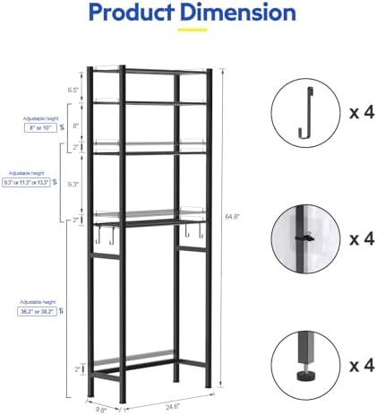 samstar 4 Tier Over The Toilet Storage Rack, Bathroom Organizer Shelves Cabinet Above Toilet, with Adjustable Height Freestanding Shelf Space Saver, Black