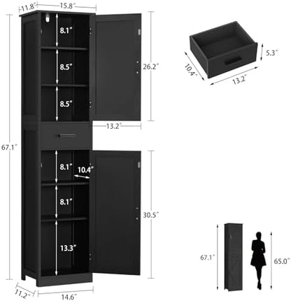 TEENFON Tall Bathroom Cabinet, Storage Cabinet with 6 Shelves & Drawer