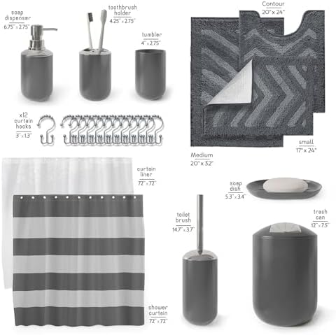 Clara Clark Bathroom Accessories Set - 23PC Shower Curtain Set with Bathroom Trash Can, Grey Bathroom Set, Bathroom Sets with Shower Curtain and Grey Rugs